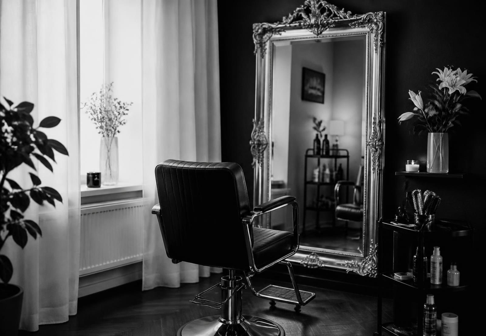 Styling chair and gilded mirror inside For Him & Her Beauty Clinic