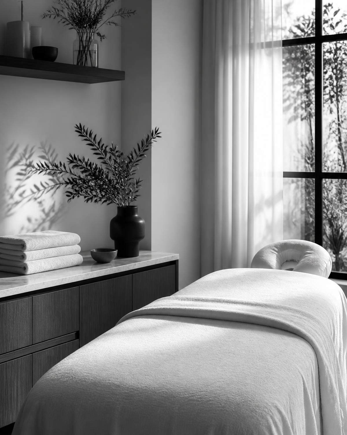 Quiet treatment room with folded towels and soft daylight